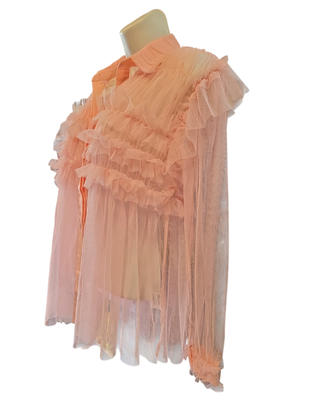 Why Sheer Pink Ruffle Button-Up Blouse - Picture 6 of 10